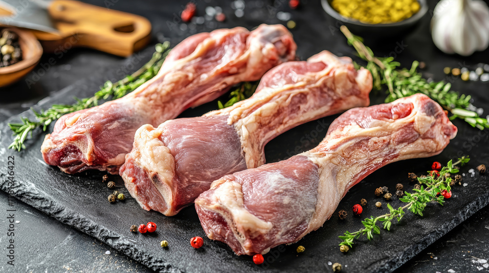 Fototapeta premium Fresh lamb legs displayed on an industrial shelf in a food processing plant, showcasing the raw meat in vibrant detail