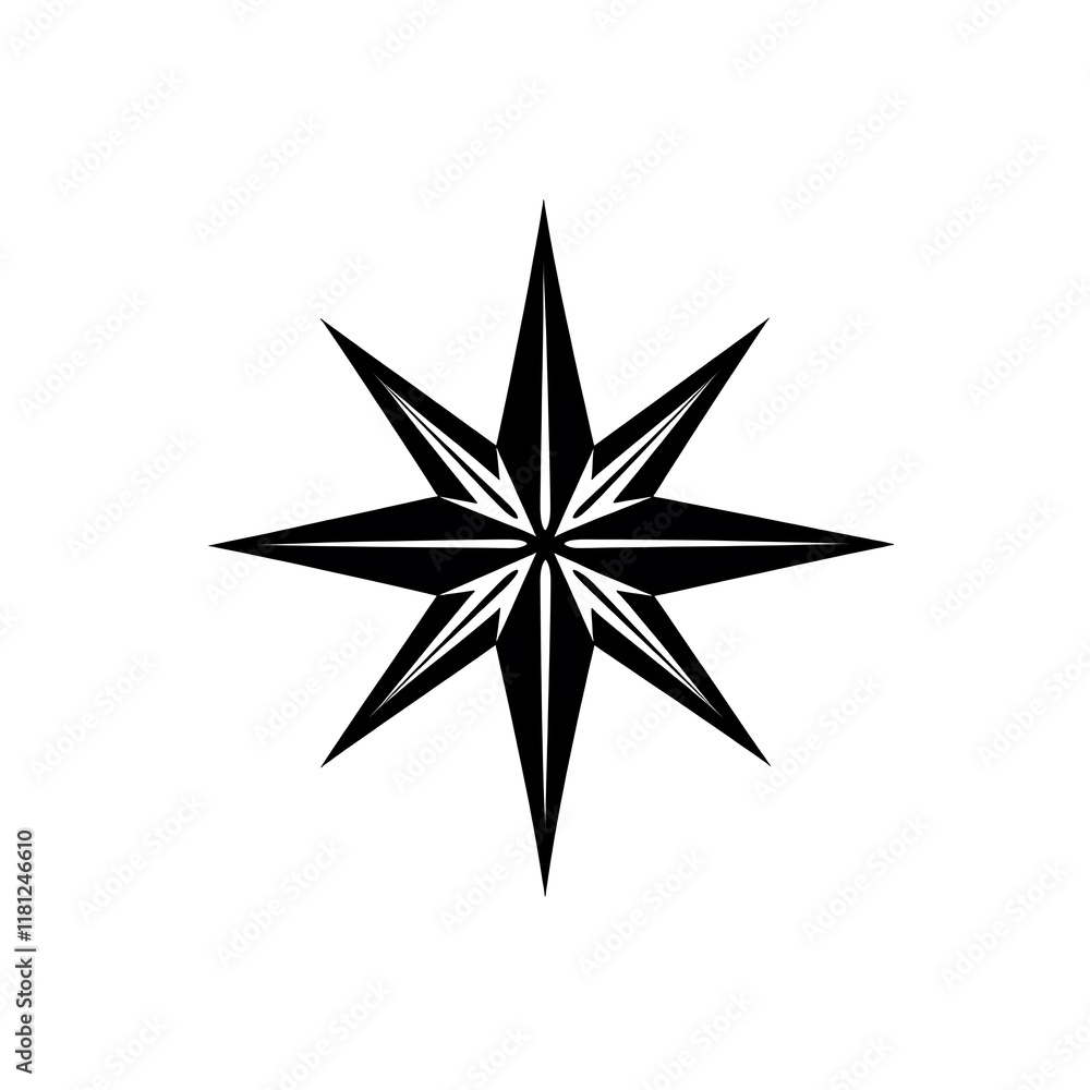 Eight-pointed star, black and white geometric design. Eight-pointed star, black and white geometric design.