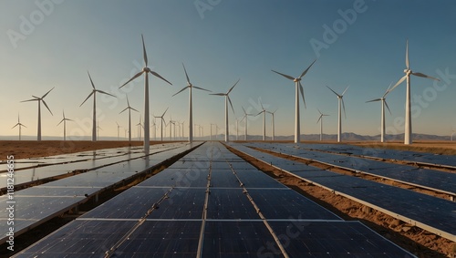 This image shows a wide shot of a renewable energy site, with rows of solar panels leading to a field of wind turbines. 