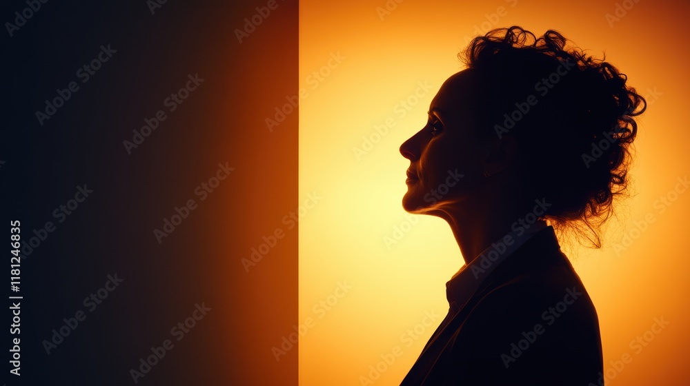 Silhouette of a female facing light in thoughtful profile with warm orange glow Silhouette of a female facing light in thoughtful profile with warm orange glow