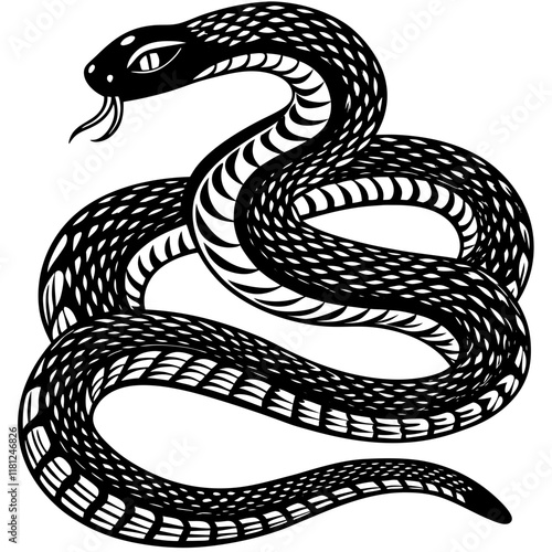 Black and White Snake Silhouette with Detailed Scales and Fierce Expression Vector photo