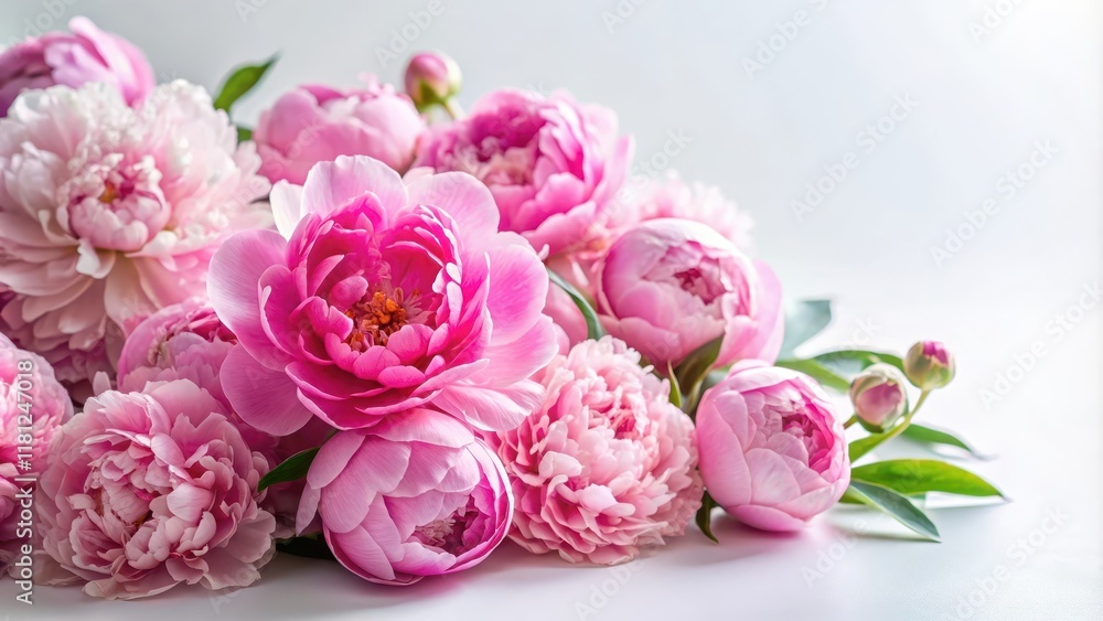 Colorful pink peonies with delicate petals against a soft white background , beauty, nature, beauty, nature Colorful pink peonies with delicate petals against a soft white background , beauty, nature, beauty, nature