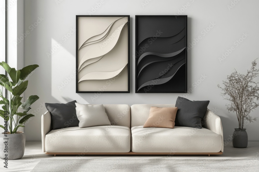 Modern wall art mockup for stylish living rooms, showcasing trendy backdrop designs to inspire contemporary interior aesthetics. Versatile templates for creative home decor displays