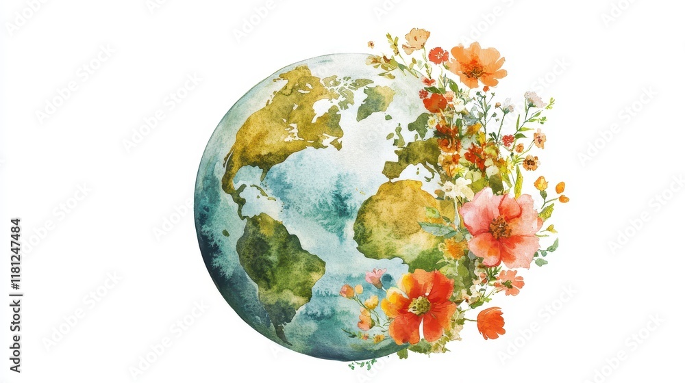 Naklejka premium Watercolor hand painted planet Earth isolated on white background. Symbol of life,Environmental problems and environmental protection ecology,Hand drawn Globe watercolour paint,Earth Day.
