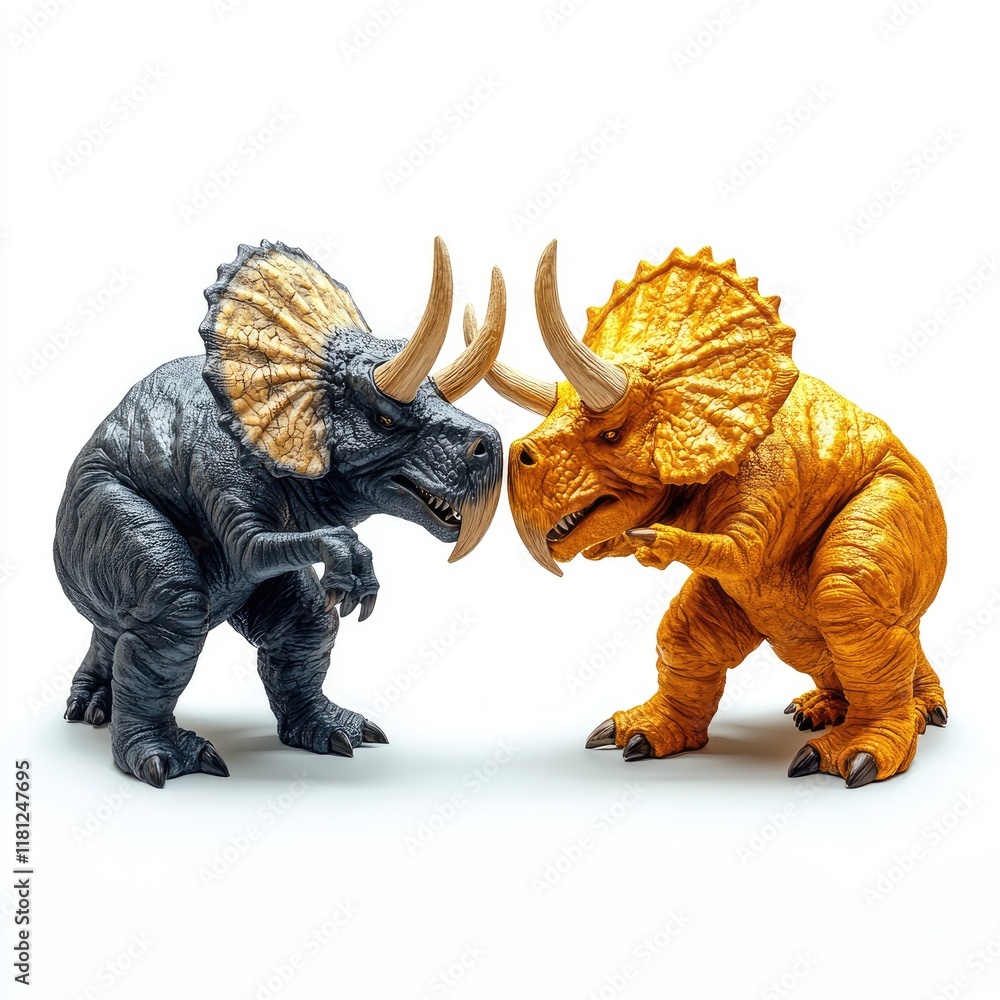 Fototapeta premium Two colorful dinosaur figures, one black and one orange, facing each other in a playful stance.