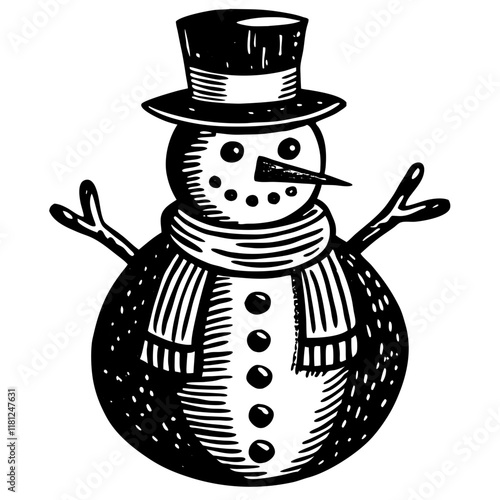 Black and White Snowman Silhouette with Top Hat and Scarf Vector photo