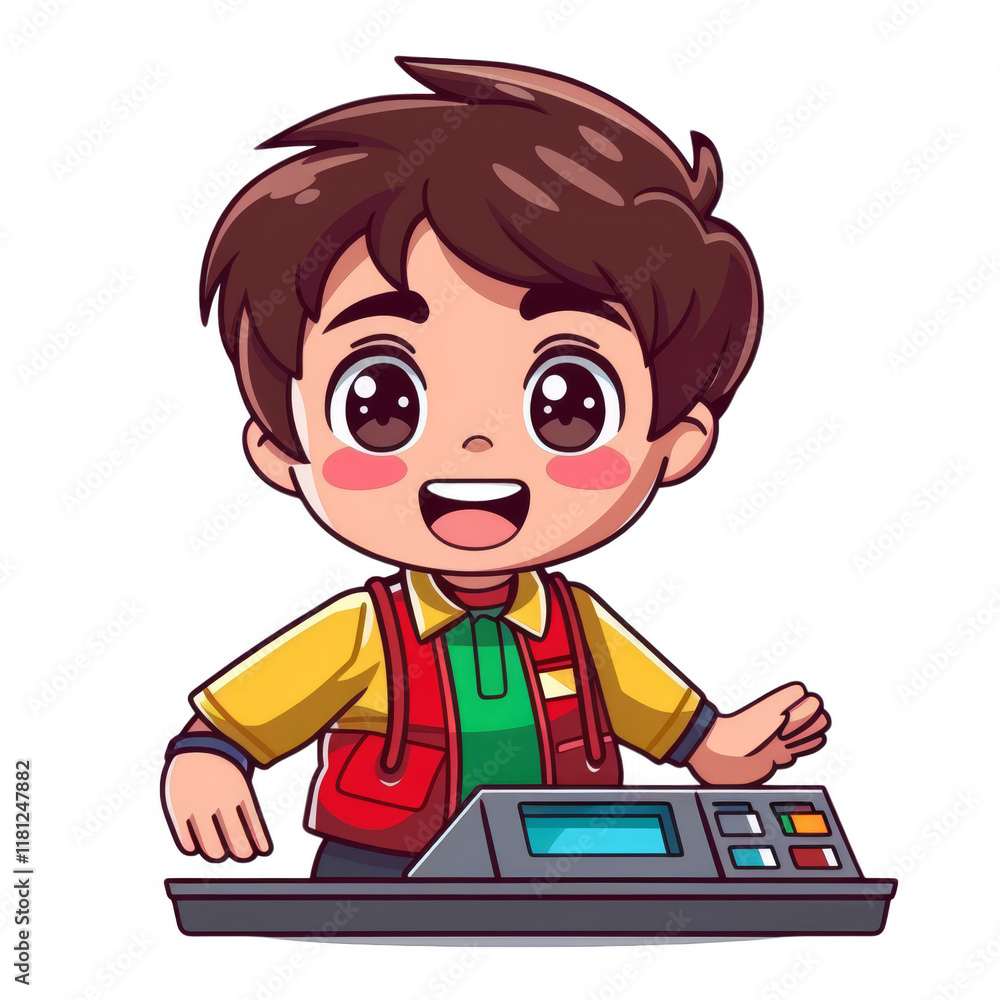 Cartoon boy cashier smiling and operating a cash register. Cartoon boy cashier smiling and operating a cash register.