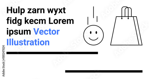 Smile face, falling lines, and shopping bag beside sample text. Ideal for e-commerce, marketing, positivity, simplicity, modern design, user interface website content and landing page