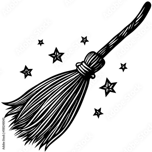 Black and White Witch's Broom Silhouette with Magical Stars Vector