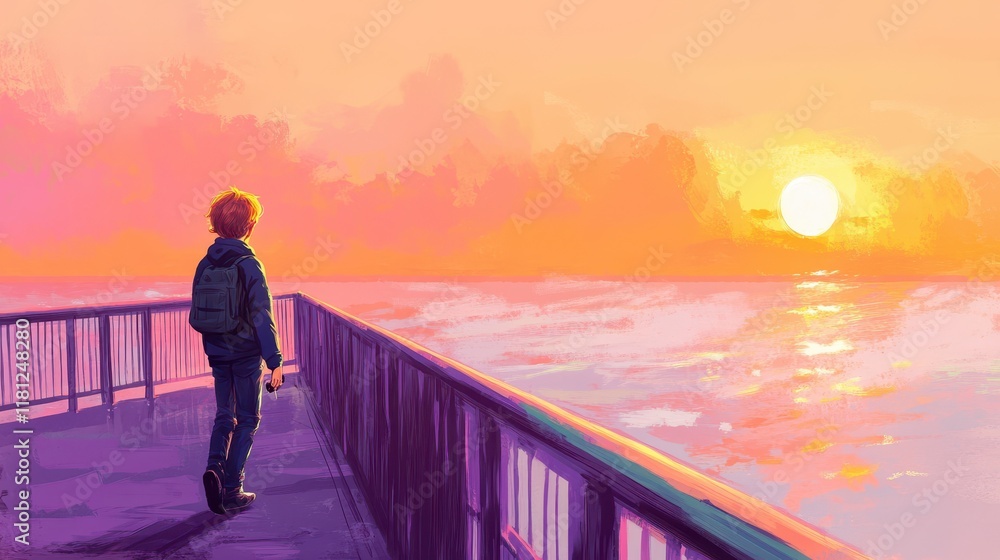 Fototapeta premium Boy with hearing aid walks along a pier at sunrise resting his hands on the railing with a calm sea ahead