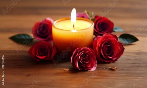 Close-up of glowing candles surrounded by rose petals creating a cozy romantic setting. photo