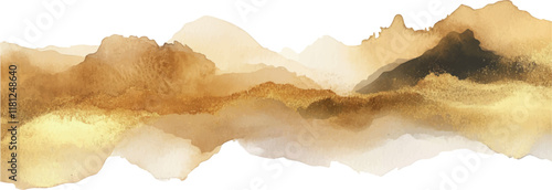 abstract gold waves watercolor background, border, isolated