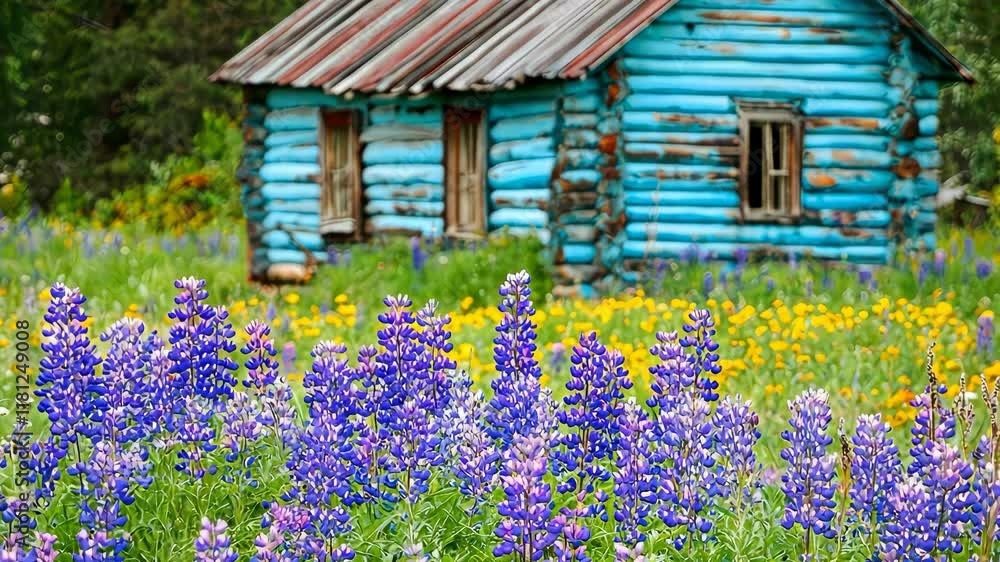 Vibrant Blue Wooden House in Colorful Flower Garden Oasis Vibrant Blue Wooden House in Colorful Flower Garden Oasis