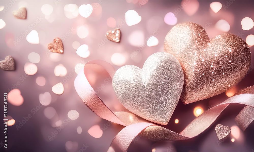 Fototapeta premium Valentine's Day composition with two pile of soft pink and glitter hearts, flowing satin ribbon, and glowing heart-shaped bokeh lights in warm pastel tones, creating a romantic and festive ambiance.