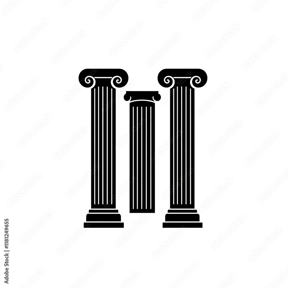 Three classical columns, ionic order, black silhouette. Three classical columns, ionic order, black silhouette.
