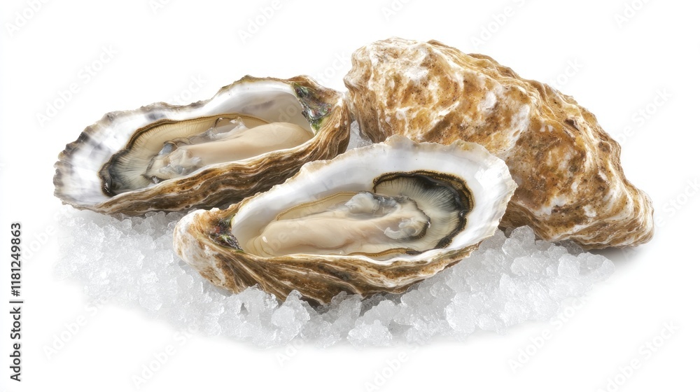 Naklejka premium Two fresh oysters on ice, half-shell, close-up.