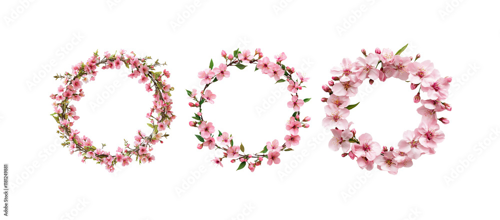 Pink peach blossom wreath with round shape on white background Pink peach blossom wreath with round shape on white background