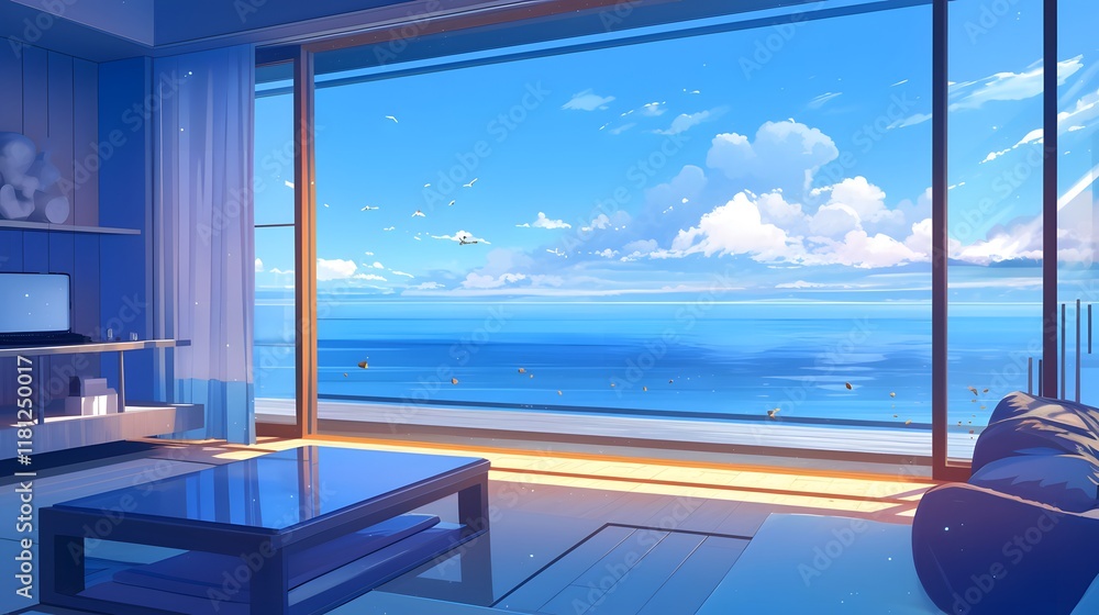 Fototapeta premium Hotel interior with panoramic sea view through large windows, animated scene