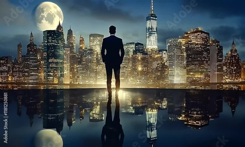 NYC Night Vision: Ambitious Businessman Contemplating Success 