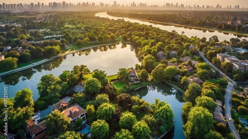 Aerial View of Serene Cityscape and Lush Green Park Under Bright Morning Sunlight