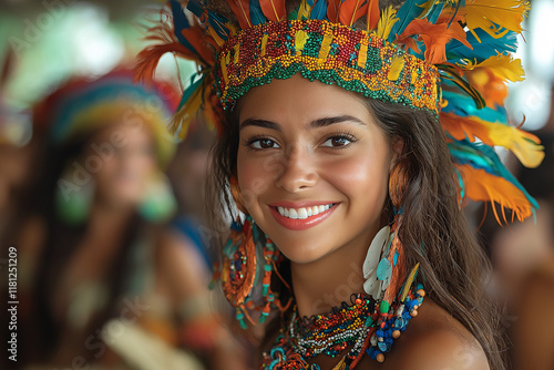 A lively carnival music performance, featuring musicians and dancers in colorful costumes, creating an energetic and festive atmosphere during a Brazilian Carnival. photo