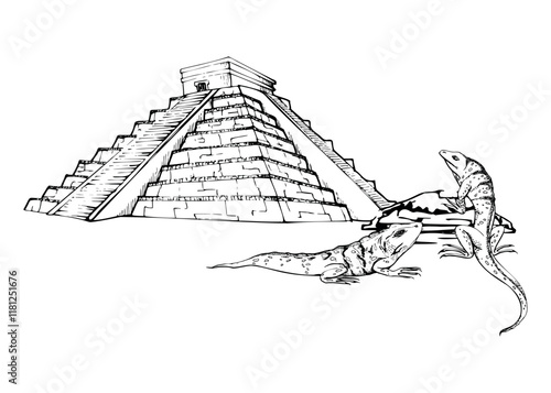Mesoamerica Aztec Egyptian ancient monument, stone pyramid ruins heritage site, wild iguana lizards. Hand drawn ink vector illustration. Isolated single object. Design travel brochure, vacation tours