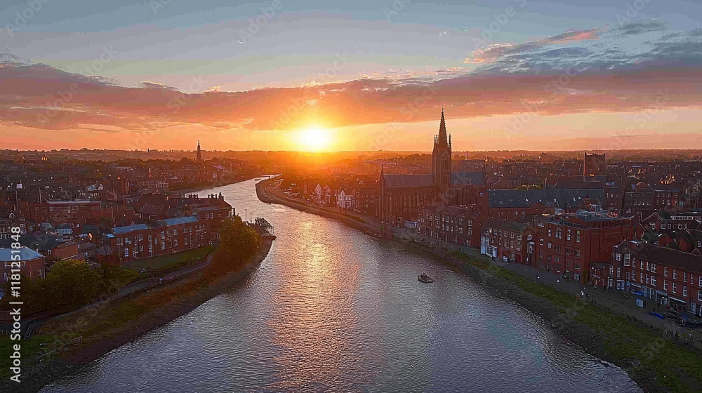 Fototapeta premium Majestic Sunset over the River: Breathtaking Panoramic Cityscape at Golden Hour