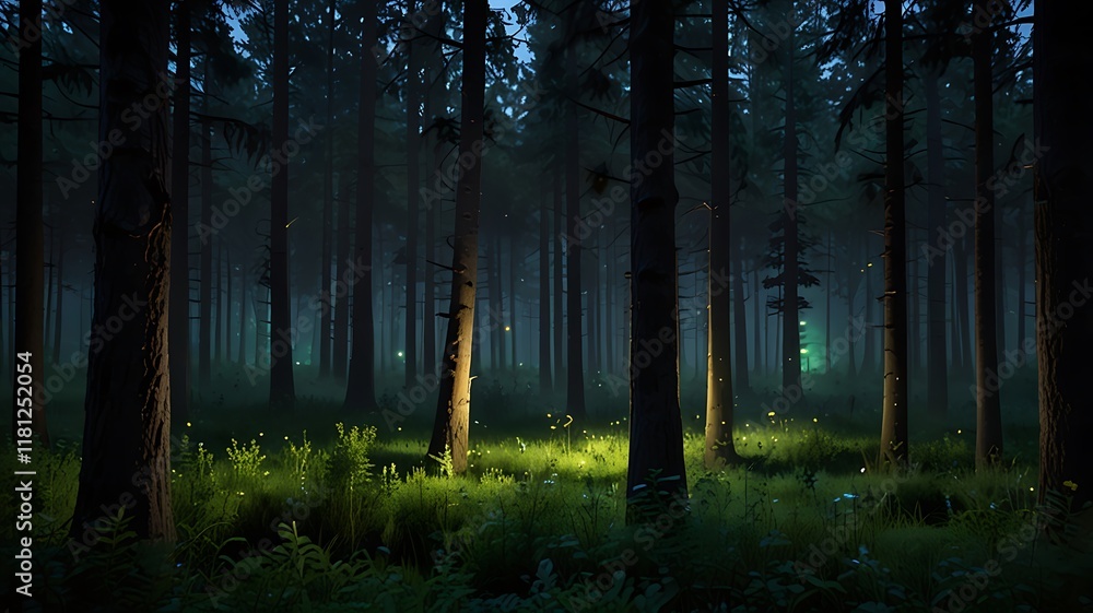 Obraz premium Tranquil Evergreen Forest At Dusk, With Fireflies Glowing Softly Between The Trees