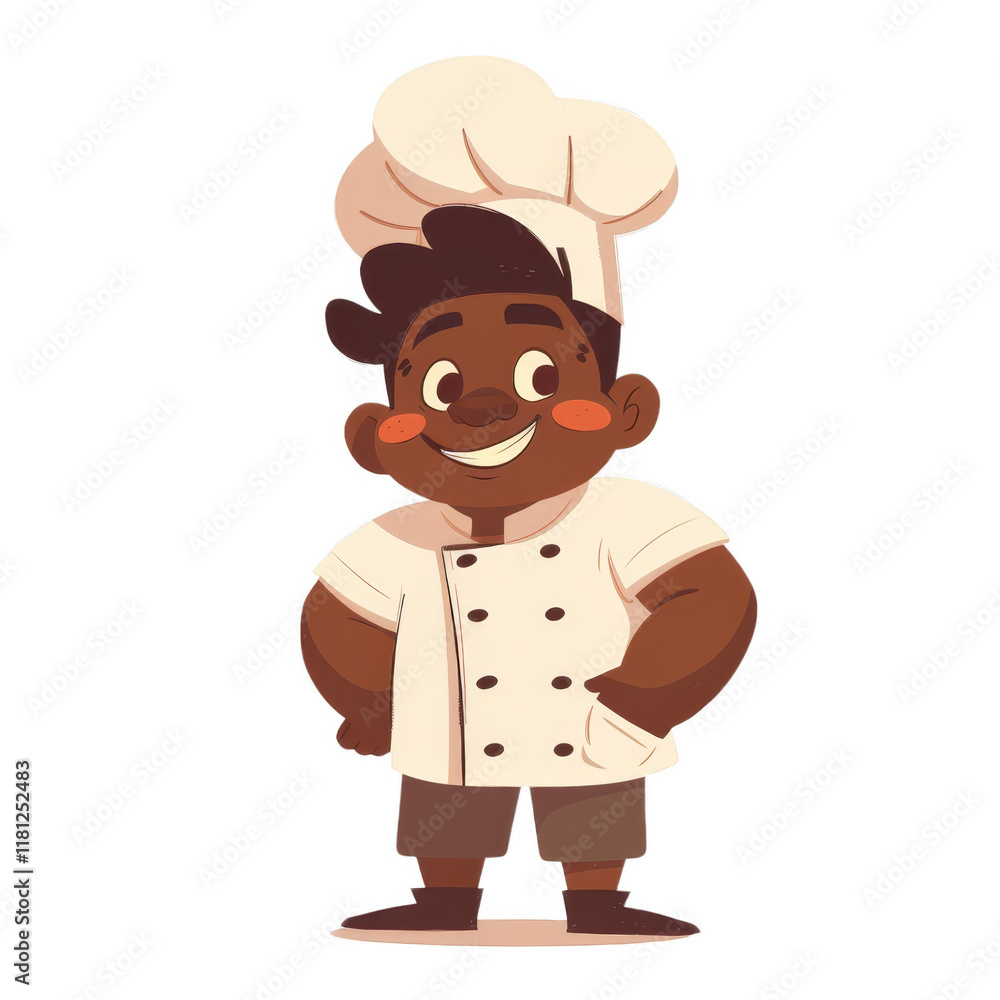 A happy cartoon chef with a white hat and a white uniform is smiling and standing with hands on hips. A happy cartoon chef with a white hat and a white uniform is smiling and standing with hands on hips.