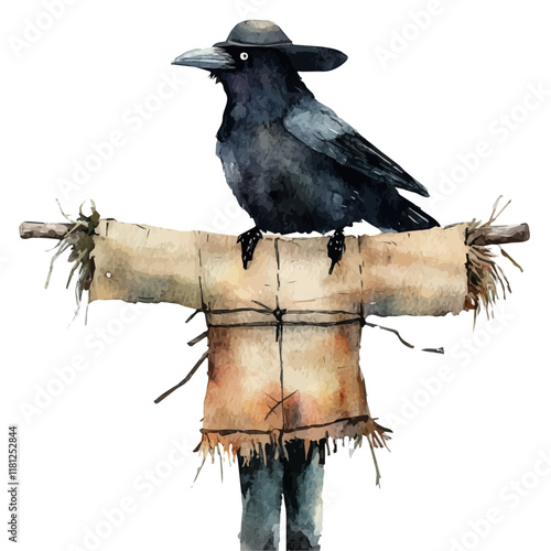 A watercolor vector of a crow perched on a scarecrow, isolated on a white background. Crow vector.
