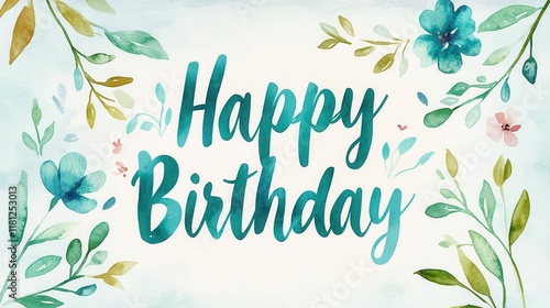 Watercolor Birthday Card Featuring Teal Flowers and Leaves