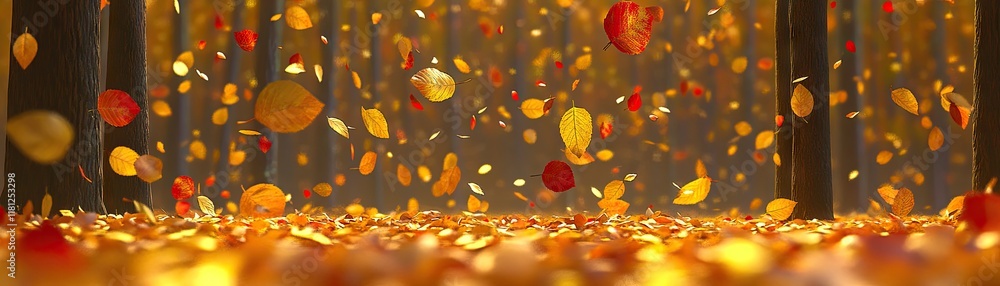 A serene autumn forest scene with falling leaves creating a vibrant, colorful atmosphere. A serene autumn forest scene with falling leaves creating a vibrant, colorful atmosphere.