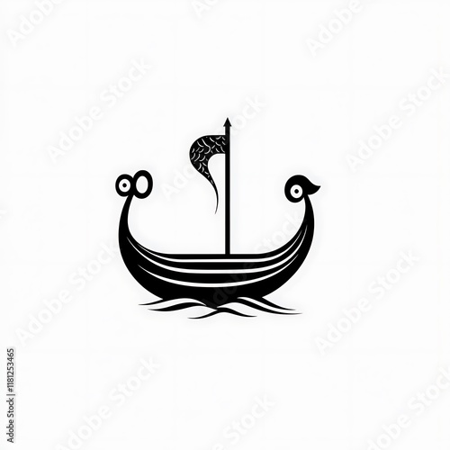 Stylized black Viking longship icon on white background. photo