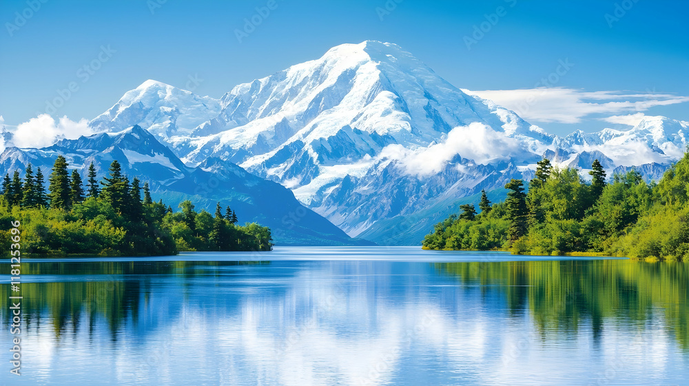 Majestic snow-capped mountain reflected in calm lake, lush green foreground, sunny sky; nature travel poster. Majestic snow-capped mountain reflected in calm lake, lush green foreground, sunny sky; nature travel poster.