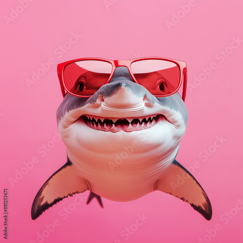 Playful shark wearing sunglasses underwater scene digital art vibrant environment close-up view fun concept for social media engagement photo