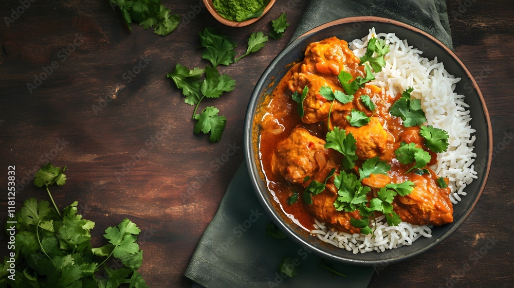 Indian curry ladled onto a plate with fragrant basmati rice