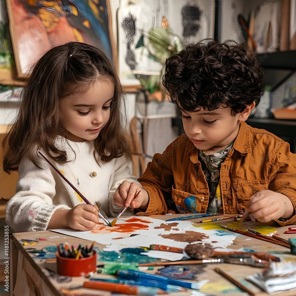 Fototapeta premium A photo of siblings painting pictures together at a small table filled with art supplies