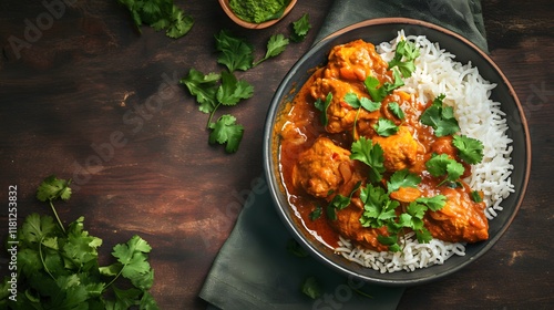 Obraz na płótnie Indian curry ladled onto a plate with fragrant basmati rice w salonie