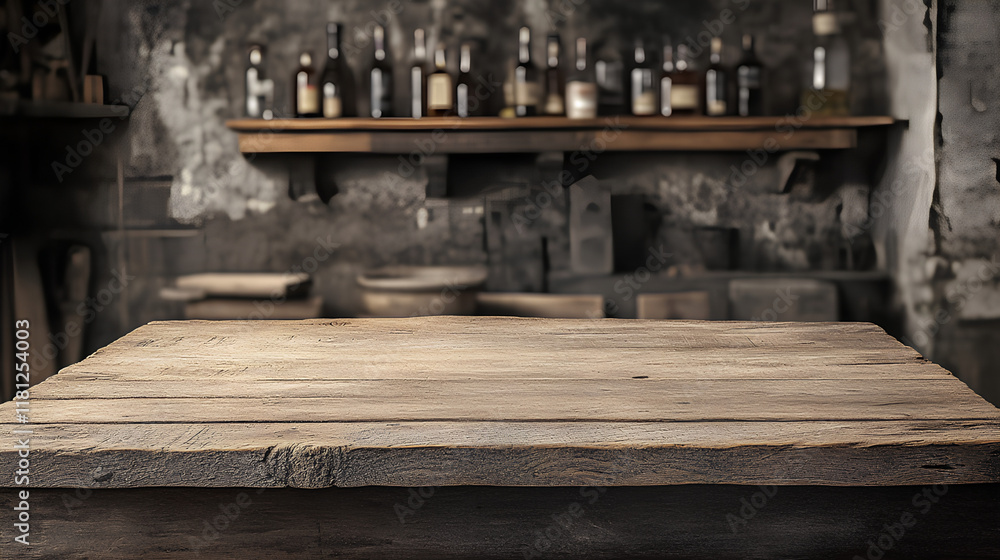 A rustic countryside bar background featuring a wooden table board in foreground, perfect for creating a display mock-up and generating ideas A rustic countryside bar background featuring a wooden table board in foreground, perfect for creating a display mock-up and generating ideas