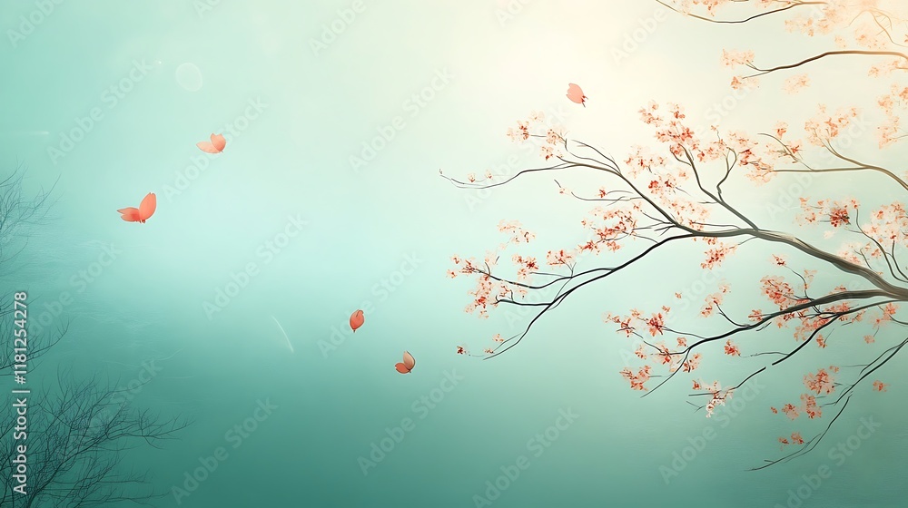 Delicate Pink Blossoms and Butterflies Soar Gently Delicate Pink Blossoms and Butterflies Soar Gently