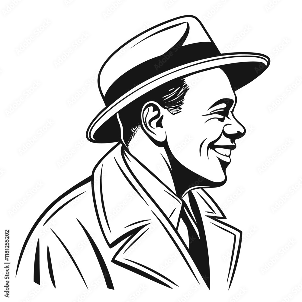 a silhouette line art of a smiling man in a hat a silhouette line art of a smiling man in a hat