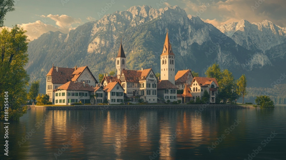 Fototapeta premium Picturesque Lakeside Village nestled in the Alps, serene reflection, majestic mountains, idyllic scenery, tranquil atmosphere, charming architecture, golden hour light, breathtaking vista.