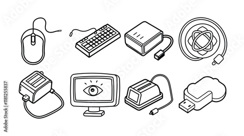 Hand-drawn line art technology icon set.
