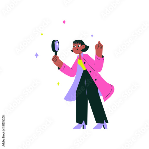 Female Detective With Magnifying Glass In Flat Vector Illustration Symbolizing Investigation, Search, Exploration, And Curiosity, Isolated On White Background