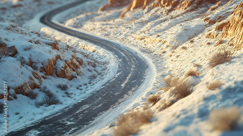 Top View of Snow-Covered Road in Valley with Truck on Asphalt Highway. photo