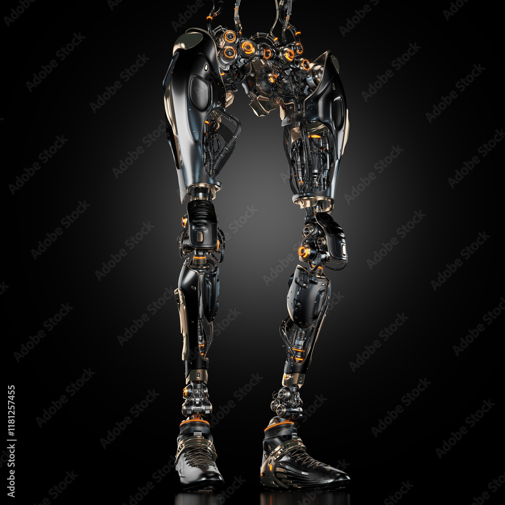 Futuristic robotic legs with metallic components and glowing elements depicted against a dark background showcasing advanced technology and innovation