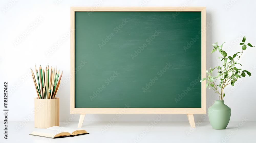 modern chalkboard with wooden frame, surrounded by stationery and plants, creates serene workspace modern chalkboard with wooden frame, surrounded by stationery and plants, creates serene workspace