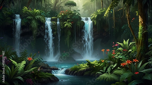 Whimsical Digital Painting Of A Rain Forest Teeming With Wildlife, Vibrant Flora, And Cascading Waterfalls photo