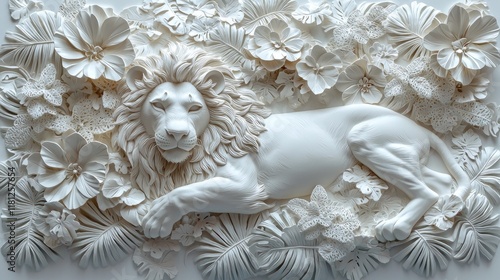 Majestic White Lion in Paper Sculpture: A Serene Jungle Oasis photo