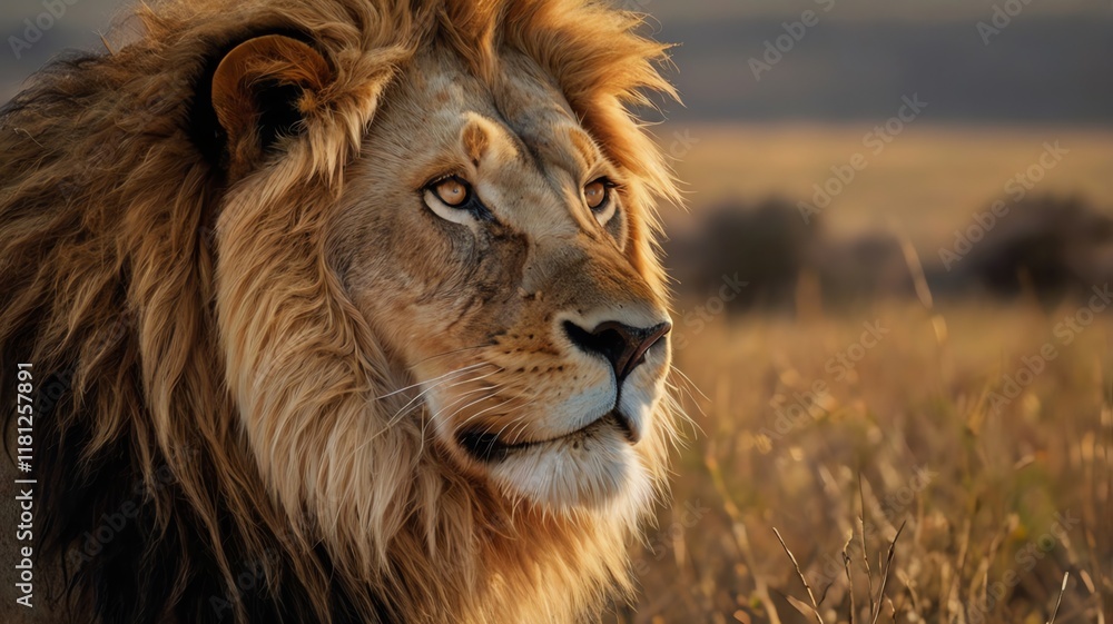 Regal Male Lion with Flowing Golden Mane in the Vast Savanna Regal Male Lion with Flowing Golden Mane in the Vast Savanna